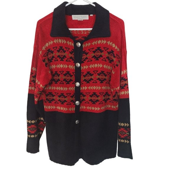 Nomadic Traders Womens L Red Black Southwestern Button Front Cardigan Sweater - Picture 1 of 7